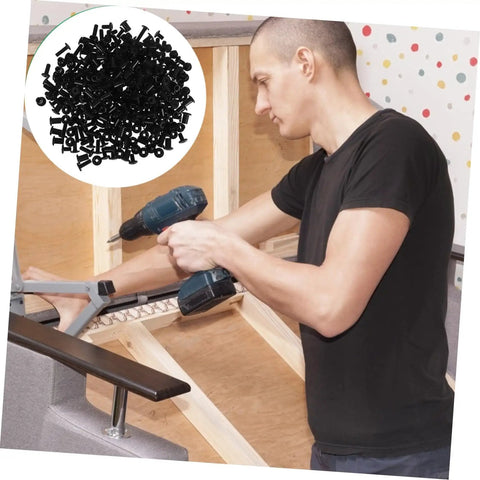 Hella Durable Steel Cabinet Screws And Nuts Hardware Kit For Furniture Assembly in use with electric drill, heavy-duty fasteners for woodworking.