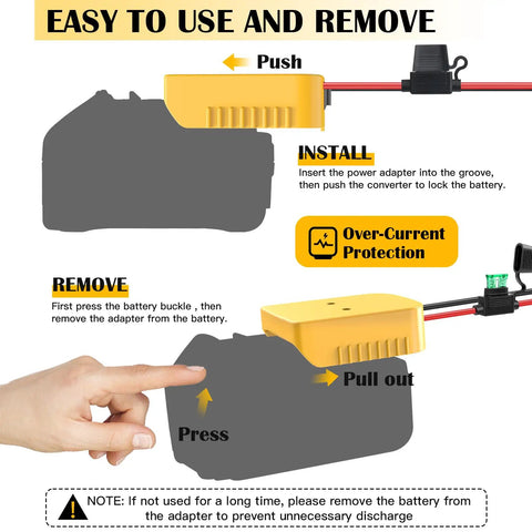 20V To 12V DC Step Down Converter Kit installation and removal guide with battery, showcasing over-current protection feature.