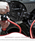 Using Grab-And-Go 3-In-1 Siphon Fluid Transfer Pump for liquid transfer in car, showing red hose and hand pump action.