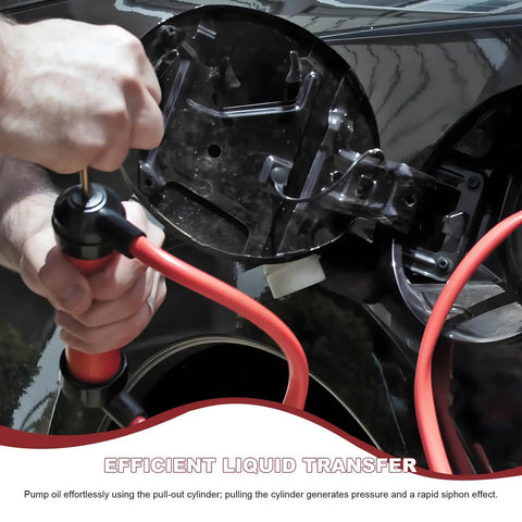Using Grab-And-Go 3-In-1 Siphon Fluid Transfer Pump for liquid transfer in car, showing red hose and hand pump action.