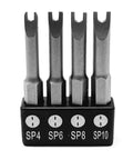 Rock Solid Spanner Drive Screwdriver Bit Set Featuring Sp4 Sp6 Sp8 Sp10 Sizes, chrome vanadium steel, with quick release hex shank.