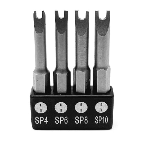Rock Solid Spanner Drive Screwdriver Bit Set Featuring Sp4 Sp6 Sp8 Sp10 Sizes, chrome vanadium steel, with quick release hex shank.