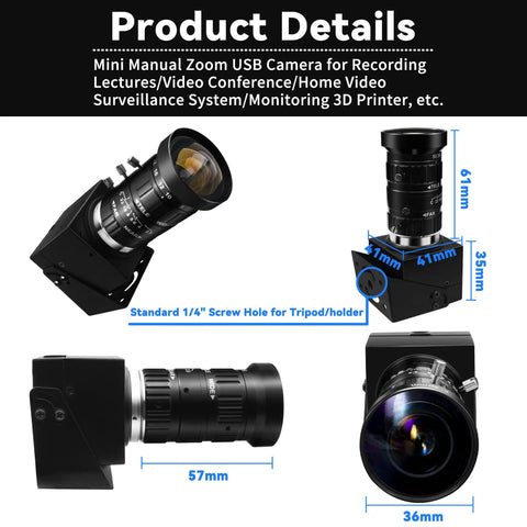 5-50mm 10X USB Zoom Camera with 12MP Sensor 1080P 120FPS, product dimensions, and CS Mount Lens details displayed