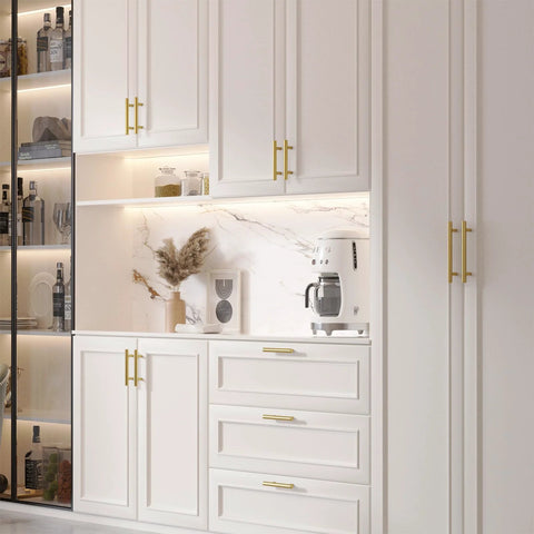 White kitchen with 30 Pack 3 Inch Gold Cabinet Handles For Cupboards And Drawers, Fade Resistant Stainless Steel Gold Cabinet Pulls visible