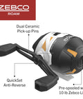 Roam Spincast Reel And Fishing Rod Combo, 6-Foot 2-Piece Fiberglass Rod With ComfortGrip Handle, QuickSet Anti-Reverse, Pre-Spooled With 10-Pound Line, Orange, Moderate-Fast Action For Panfish To Bass And More, featuring reel close-up view with highlighted features.