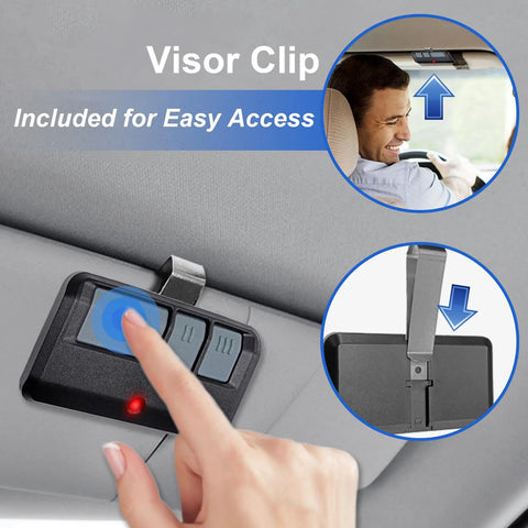 Two Pack Universal Garage Door Opener Remote Compatible With Most Major Brands Replaces 893LM 893Max 971LM mounted on car visor with clip