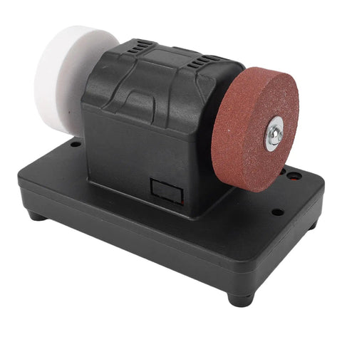 Jeffergarden Mini Bench Grinder With Two Wheels And Variable Speed Control Up To 6000Rpm Cordless Electric Tool Using 18V Lithium Battery on black base.