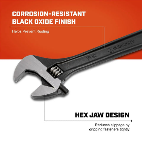10 Inch Adjustable Black Oxide Wrench With Hex Jaw Design For Slip Resistant Grip showing corrosion-resistant finish