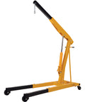 Heavy Duty Steel Engine Hoist With Telescoping Legs And Adjustable Boom Supporting 6000 Lb shown in yellow with sturdy wheels for easy movement.