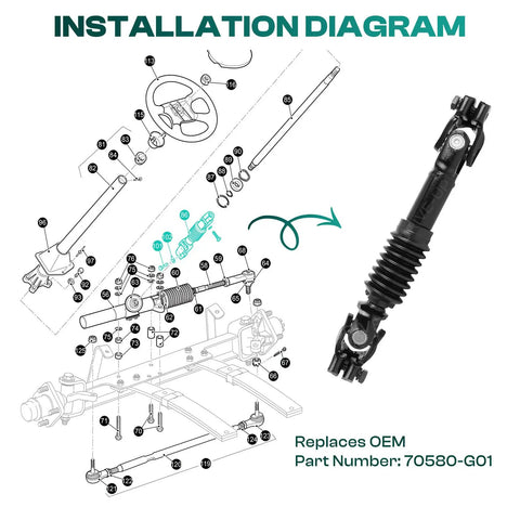 EZGO TXT Golf Cart Steering Shaft Assembly Joint Replacement For 2001 And Up Models 70580-G01 Durable Intermediate Upgrade For Gas And Electric Carts Easy Install Smooth Handling Long Lasting Performance. Installation diagram and black metal steering shaft with joint