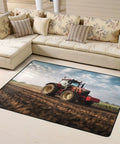 Soft Non Slip 63x48 Inch Area Rug For Living Room And Bedroom featuring a red tractor design, placed in a modern living room setting.