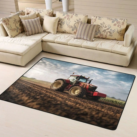 Soft Non Slip 63x48 Inch Area Rug For Living Room And Bedroom featuring a red tractor design, placed in a modern living room setting.