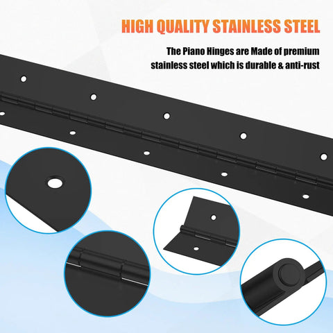Get Your Gear On With These Badass 2 Pack 18 Inch Black Stainless Steel Piano Hinges, heavy duty hinges showing pre-drilled holes.