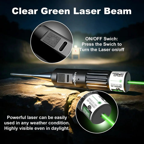 Rechargeable Green Laser Bore Sight Kit With 64 Caliber Adapters For .17 To 12 GA, clear laser beam in night setting