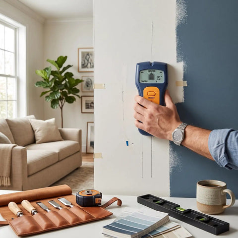 Aolidsive Wall Scanner Stud Finder, 3 in 1 Detection LCD Display used on a wall to detect studs, with tools and paint samples nearby.