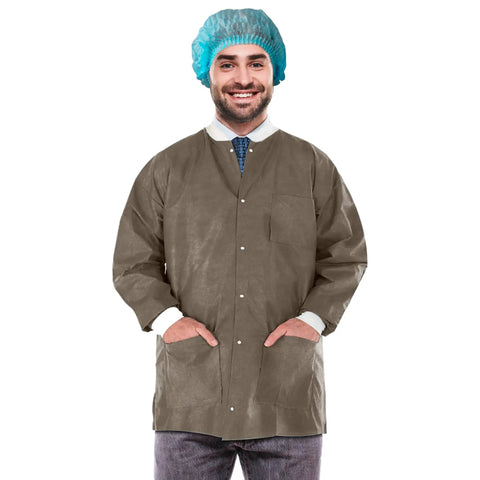 Person wearing Disposable Lab Jacket Pack Of 10 Coffee Hip Length 30 Inches Long Unisex PPE Coat With Snaps Front Knit Cuffs Collar