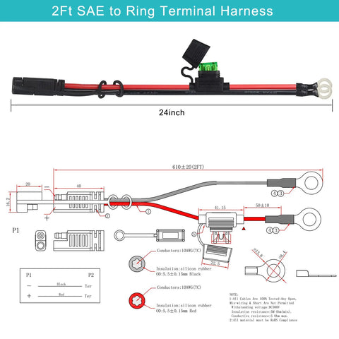 Heavy Duty Beefy 10 AWG SAE to O Ring Terminal Harness Includes Inline 30A Fuse Quick Connect Plug, 24 inch design with ring terminal.