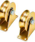 4 Inch U-Groove Pulley Wheels Ultra Heavy-Duty Rigid Casters for Square Tube Tracks extreme load bearing wheels in gold finish.