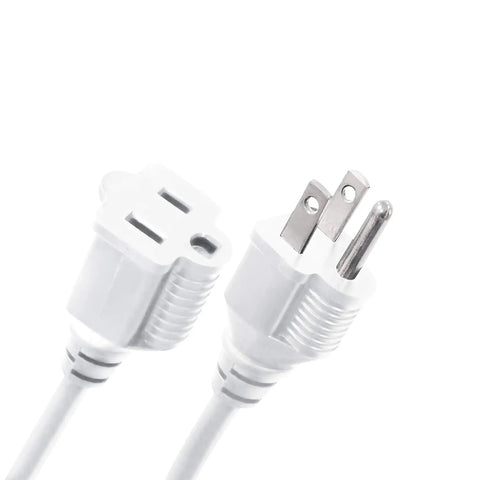 Close-up of white plug and socket of 20-Foot Vinyl Landscape Extension Cord Backyard Ready, Built For Indoor And Outdoor Use, Grounded 16-3 Gauge