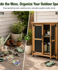 Before and after of Outdoor Storage Cabinet For Small Spaces Wood And Metal Build With Weather Resistant Asphalt Roof Double Locking Doors And Removable Shelves The All In One Garden Organizer For Porch Patio Backyard showing organized gardening tools.