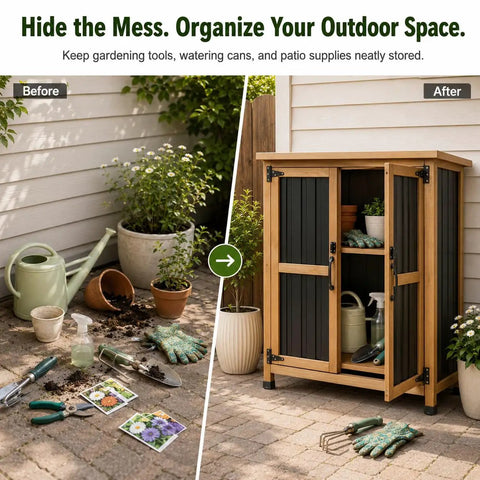 Before and after of Outdoor Storage Cabinet For Small Spaces Wood And Metal Build With Weather Resistant Asphalt Roof Double Locking Doors And Removable Shelves The All In One Garden Organizer For Porch Patio Backyard showing organized gardening tools.