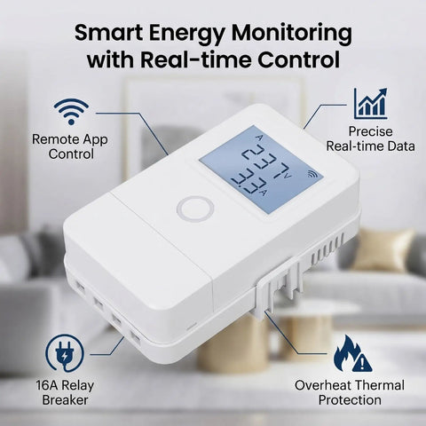WiFi Energy Monitor With 3 Channel 100A Current Detection, Precise Power Meter For Home Or Office, Plug And Play Setup, Remote Control Via Smart Life And Tuya Apps, Global Voltage Support, Easy Router Connection, Real Time Power Tracking, white compact unit on display