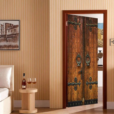 3D Classic Old Wood Door Decal Kit Peel And Stick Wall Mural Cover Removable Self Adhesive Wallpaper For Home Decor Two Panel Set 78.7 Inches Tall Per Panel Easy DIY Door Makeover in a living room