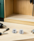 Removable Stainless Steel Cabinet Handles With Self Adhesive Backing No Drill No-Punch Stick-On Pulls For Sliding Glass Doors And Cabinets Easy Install Hardware For Living Spaces 5 Pack, two silver pulls on wood shelf