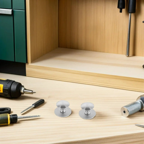 Removable Stainless Steel Cabinet Handles With Self Adhesive Backing No Drill No-Punch Stick-On Pulls For Sliding Glass Doors And Cabinets Easy Install Hardware For Living Spaces 5 Pack, two silver pulls on wood shelf