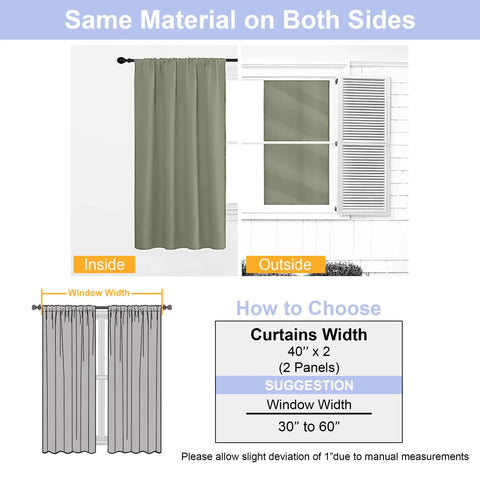 Sizing guide for Ava Sage Green Blackout Curtains For Bedroom 2 Panels Set 40 Inch Wide By 63 Inch Long Rod Pocket Or Clip Style