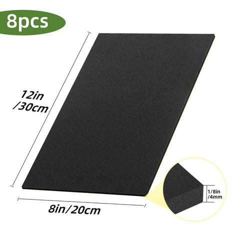 8 Pack 12X8 Inch Neoprene Foam Pads With Rock Solid Adhesive Grip Non Slip Shock Resistant Rubber Pads For Drawers And Gear Soundproof Vibration Damping Compact Heavy Duty Cushioning, showing dimensions.