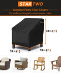 Waterproof Patio Chair Cover for Outdoor Furniture Keeps Your Lounge Chairs, Wicker, Swivel, Adirondack and Rocking Chairs Dry All Season, Heavy Duty Oxford, Fits Up To 32W x 37D x 36H, 1 Pack, Black cover displayed with dimensions and chair types.