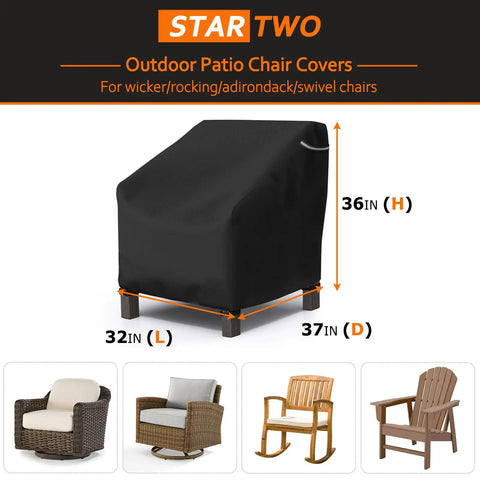 Waterproof Patio Chair Cover for Outdoor Furniture Keeps Your Lounge Chairs, Wicker, Swivel, Adirondack and Rocking Chairs Dry All Season, Heavy Duty Oxford, Fits Up To 32W x 37D x 36H, 1 Pack, Black cover displayed with dimensions and chair types.