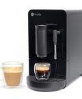 Game Changer Automatic Espresso Machine Packing Built In Milk Frother with two cups of espresso on display in glossy black.