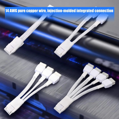 Industrial 8-pin to 16-pin PCIe power cables set with white braided sleeving and welded terminals