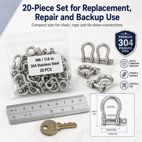 20 Pack One Quarter Inch Stainless Steel Screw Pin Shackles Set Beefy Bow Clevis Anchors For Chain Rope Tie Downs And Trailer Use Heavy Duty 1000 Kg Working Load Limit And 3800 Kg Breaking Load 304 Stainless Steel, 20 pcs with ruler