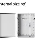 Heavy Duty IP67 Waterproof Junction Box With Hinged Grey Cover showing internal dimensions 280mm x 380mm for wiring setup.