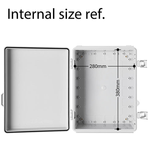 Heavy Duty IP67 Waterproof Junction Box With Hinged Grey Cover showing internal dimensions 280mm x 380mm for wiring setup.