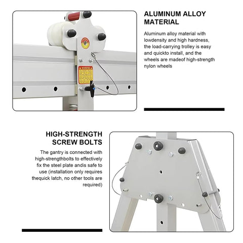 Portable Folding Gantry Crane, Heavy Duty Aluminum Alloy Lift Rated For Two Thousand Two Hundred Pounds, showing aluminum material and high-strength screw bolts.