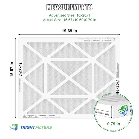 16x20x1 MERV 8 Pleated Air Filter with measurements and white cardboard frame for HVAC AC and furnace.