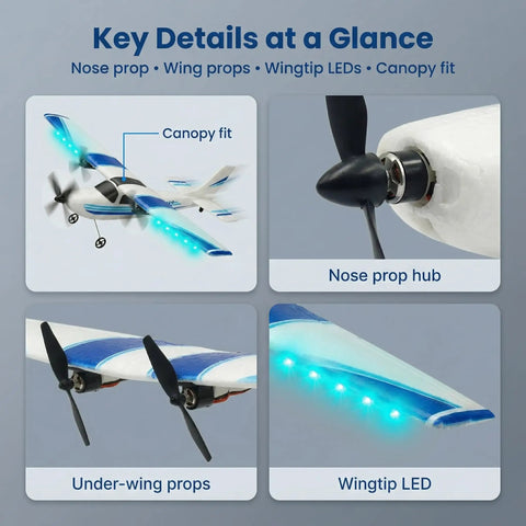 Beginner Friendly 2.4GHz RC Plane With 3 Axis Gyro details, canopy fit, nose prop hub, under-wing props, wingtips LEDs