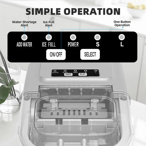 No Sweat Countertop Ice Maker With Rapid Six Minute Freezing And Daily Twenty Six Pound Output control panel showing operation buttons.