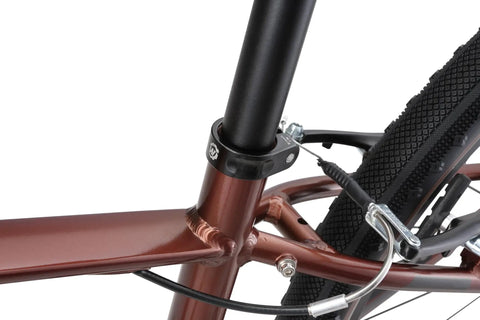 Ultra Lightweight Aluminum Bike Seat Post Clamp 31.8mm to 34.9mm Diameter installed on brown bicycle frame