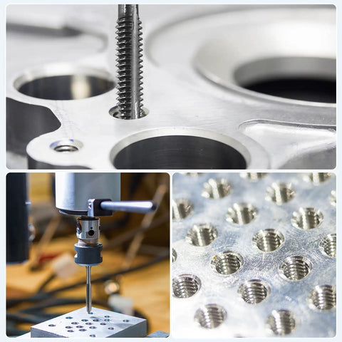 Heavy Duty Spiral Point Thread Taps 4 Pack Metric M2 X 0.4 H2 Accuracy TICN Coated Square Shank in use on metal part