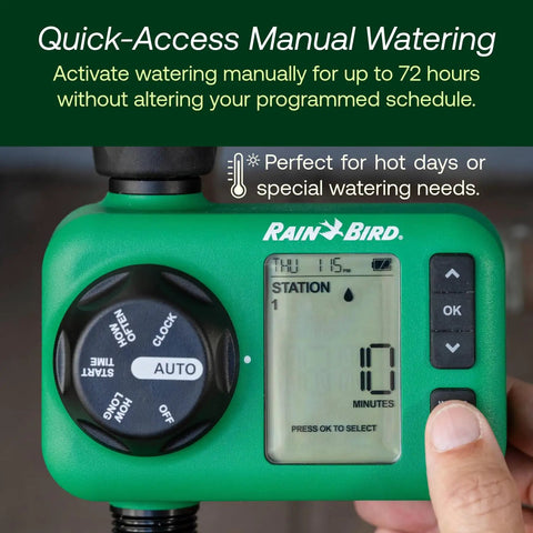 Electronic Digital Hose End Timer Battery Powered Three Quarter Inch Hose Thread Heavy Duty Brass Inlet Dual Outlets Adjustable