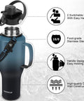 Squad Sized 40 Oz Insulated Water Bottle With Straw Lid That Finally Fits In Car Cup Holders Double Wall Stainless Steel Tumbler close-up of the lid and handle design.