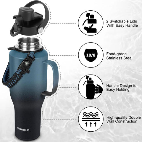 Squad Sized 40 Oz Insulated Water Bottle With Straw Lid That Finally Fits In Car Cup Holders Double Wall Stainless Steel Tumbler close-up of the lid and handle design.