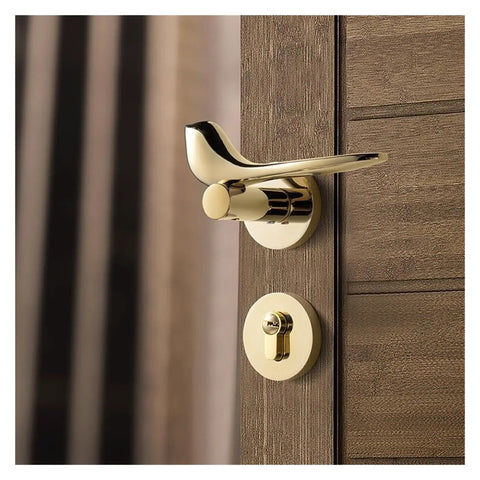 Heavy Duty Silent Magnetic Door Lock For Interior Bedroom Privacy Gate Latch Ultra Quiet Operation Pivot Slide Bolt Zero Hassle Install Pvd Gold handle on a wood door.