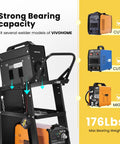 Sturdy Three Tier Rolling Welding Cart With Upgraded Wheels And Tank Storage For TIG MIG Welder And Plasma Cutter Black Finish Built To Haul 220 Lbs Heavy Duty Shop Must Have showing welder models and capacity details.