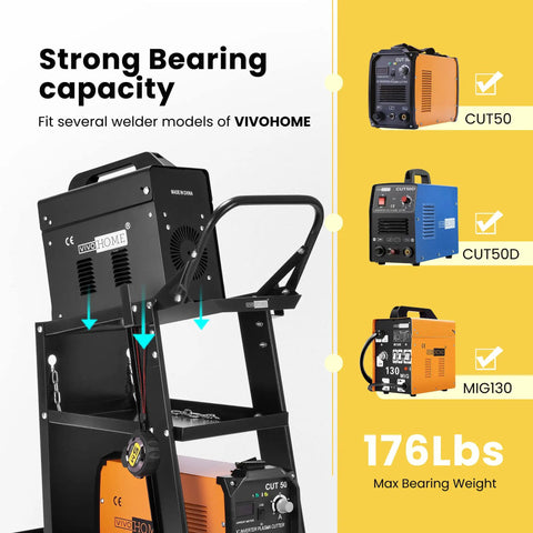 Sturdy Three Tier Rolling Welding Cart With Upgraded Wheels And Tank Storage For TIG MIG Welder And Plasma Cutter Black Finish Built To Haul 220 Lbs Heavy Duty Shop Must Have showing welder models and capacity details.